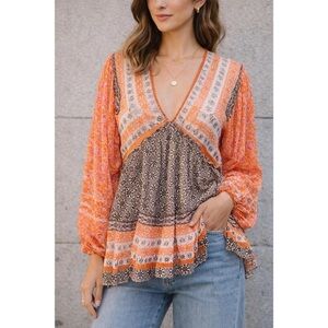 Free People Orange Multi V-Neck Mixed Print Peasant Blouse